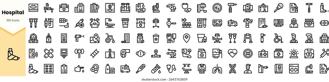 A diverse collection of hospital and medical icons in a minimalist style, featuring elements like stethoscopes, medical equipment, and healthcare symbols.