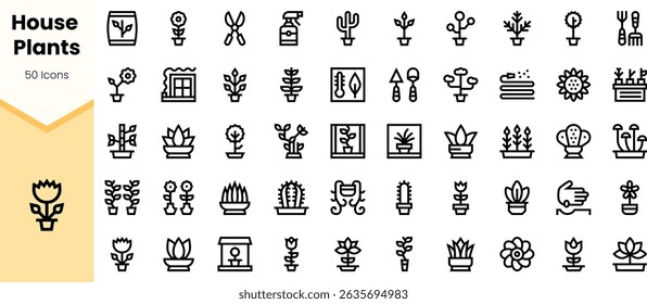 A diverse collection of house plant icons, featuring various plant styles, pots, and gardening tools, ideal for design projects centered around indoor gardening.