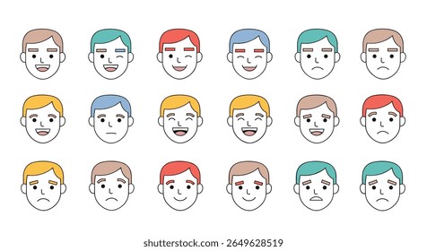 Diverse collection of human faces expressing a wide spectrum of emotions and feelings with varied hairstyles and colors