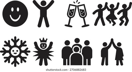 Diverse collection of human figures representing happiness, celebration, and social interaction. Icons include smiling faces, people dancing, clinking glasses, and group gatherings. Bold line style.