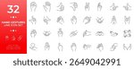 Diverse collection of human hand gestures line icons, illustrating various communication signals, expressive body language, and non-verbal interaction symbols for design