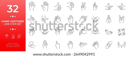 Diverse collection of human hand gestures line icons, illustrating various communication signals, expressive body language, and non-verbal interaction symbols for design