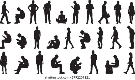 Diverse collection of human silhouettes in different actions: standing, sitting, walking, and meditating. Represents various activities and postures. Versatile vector graphics for human representation in design.