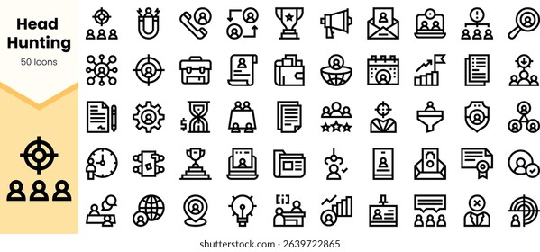 A diverse collection of icon designs illustrating head hunting and recruitment processes, featuring elements like resumes, interviews, and team collaboration.
