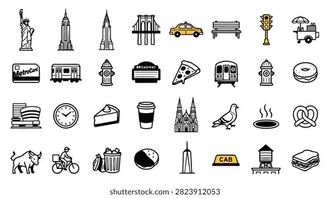 A diverse collection of iconic New York City symbols and landmarks rendered in a simple, graphic style.
