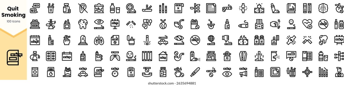 A diverse collection of icons focused on quitting smoking, featuring symbols related to health, lifestyle, and support, promoting a smoke-free life.