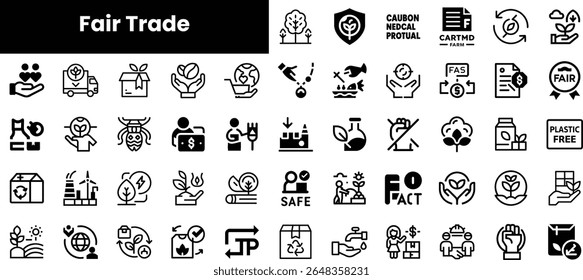 A diverse collection of icons representing Fair Trade concepts, emphasizing sustainability, ethical practices, and community support in a minimalistic black and white design.