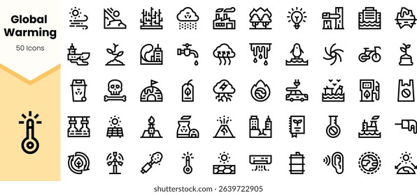 A diverse collection of icons representing global warming, featuring environmental themes like pollution, climate change, and renewable energy.