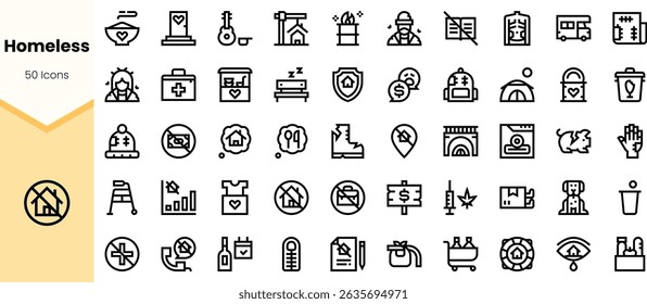 A diverse collection of icons representing homelessness themes, including shelters, healthcare, and community support, depicted in a minimalist line style.