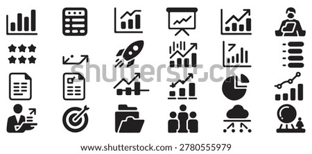 Diverse collection of icons representing market trends and personnel development for corporate branding design.