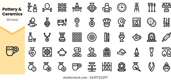 A diverse collection of icons representing pottery and ceramics in a minimalist black design. Perfect for art or craft-related projects.