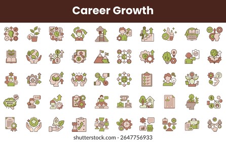 A diverse collection of icons symbolizing career growth, including plants, achievements, teamwork, and personal development, featuring earthy tones and clean lines.