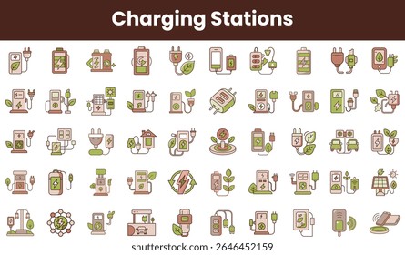 A diverse collection of illustrated charging stations, showcasing eco-friendly design elements and technology, featuring various battery icons and power symbols.