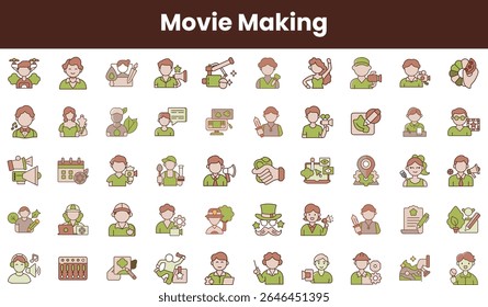 A diverse collection of illustrated icons representing various aspects of movie making, showcasing creativity, teamwork, and different roles in film production.