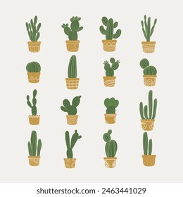 Una diversa colección de cactus ilustrados en macetas en un estilo minimalista, perfecto para agregar un toque de verdor y atractivo estético a Sitios web, blogs o publicaciones en redes sociales.