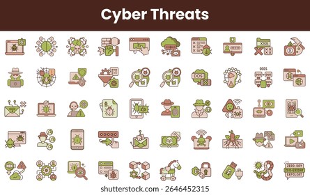 Uma coleção diversificada de ilustrações que representam várias ameaças cibernéticas, apresentando ícones relacionados a malware, phishing e violações de dados em um design moderno.
