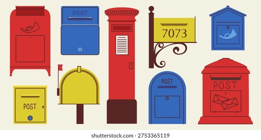 Diverse collection of international post boxes in red, blue, and yellow colors