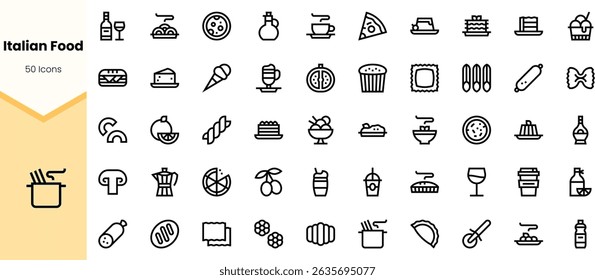 A diverse collection of Italian food icons, featuring pasta, pizza, desserts, and beverages, all illustrated with a clean, minimal style.