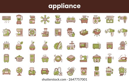 A diverse collection of kitchen and home appliance icons, featuring blenders, microwaves, and fans in a whimsical, colorful design.