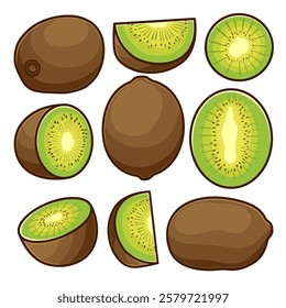 A diverse collection of kiwis in various shapes and positions, perfect for digital assets, presentations, or infographics.