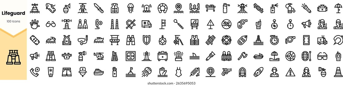 A diverse collection of lifeguard-related icons, featuring safety equipment, beach activities, and rescue tools in a minimalist line art style.