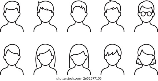 Coleção diversa de Avatares de arte de linha Simbólica de representação humana com vários penteados, incluindo masculino feminino Unisex e figuras acessórios para Web Design e plataformas de mídia social