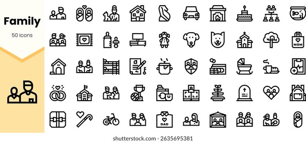 A diverse collection of line art icons representing family themes, including love, home, pets, and celebrations in a clean, minimalist design.