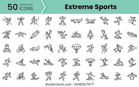 A diverse collection of line icons depicting extreme sports, featuring various athletes engaged in high-energy activities like surfing, paragliding, and rock climbing.