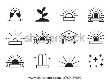 Diverse collection of line icons representing celebration, plant growth, graduation, and optimistic new beginnings.