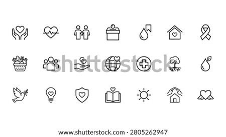 Diverse collection of line icons representing charity, healthcare, community, and environmental protection.