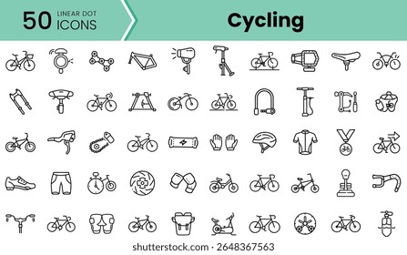 A diverse collection of linear icons depicting various aspects of cycling, including bicycles, gear, accessories, and safety equipment, ideal for cycling enthusiasts.