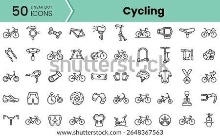 A diverse collection of linear icons depicting various aspects of cycling, including bicycles, gear, accessories, and safety equipment, ideal for cycling enthusiasts.
