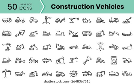 A diverse collection of linear icons illustrating various construction vehicles, including diggers, cranes, and trucks suitable for any construction-themed project.