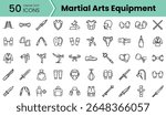 A diverse collection of linear icons representing martial arts equipment, showcasing tools used in various disciplines like karate, taekwondo, and boxing.