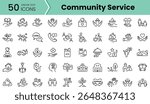 A diverse collection of linear icons representing various aspects of community service, including education, health, support, and volunteerism in a minimalist design.