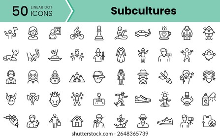 Uma coleção diversificada de ícones lineares representando várias subculturas em um estilo minimalista. Cada ícone captura atividades e estilos de vida exclusivos.