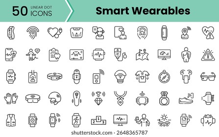 Uma coleção diversificada de ícones lineares que representam vestíveis inteligentes, incluindo rastreadores de fitness, monitores de saúde e óculos inteligentes, mostrando inovação em tecnologia.
