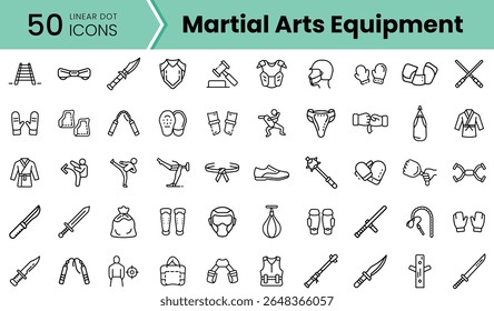 Una colección diversa de íconos lineales que representan equipos de artes marciales, mostrando herramientas utilizadas en varias disciplinas como karate, taekwondo y boxeo.