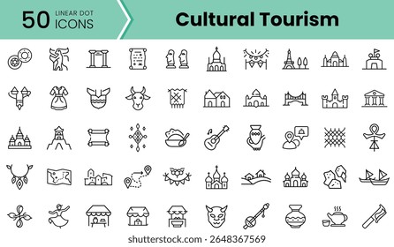 A diverse collection of linear icons representing cultural tourism, including landmarks, traditional attire, and local crafts, perfect for travel enthusiasts.