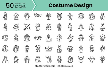 A diverse collection of linear icons representing various costume designs, featuring outfits, accessories, and characters suitable for multiple creative projects.