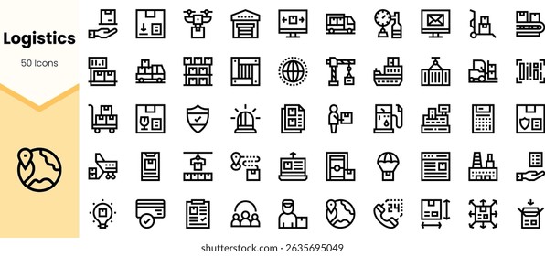 A diverse collection of logistics-themed icons featuring icons representing delivery, shipping, and storage, in a clean, modern line-art style.