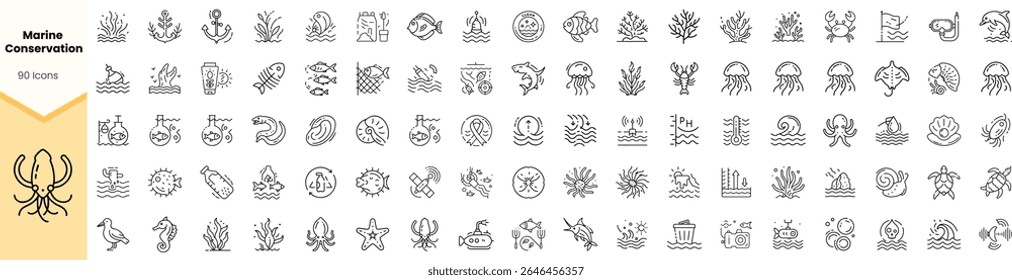 A diverse collection of marine conservation icons, featuring illustrations of ocean life, coral reefs, and environmental symbols, promoting awareness of marine ecosystems.
