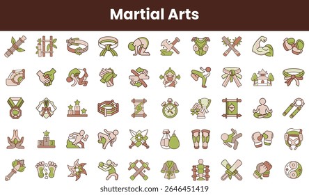 Uma coleção diversificada de ícones de artes marciais exibindo várias técnicas, equipamentos e símbolos, projetados com tons terra e uma estética lúdica.