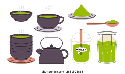 A diverse collection of matcha tea elements including hot and cold beverages traditional tools and powder perfect for illustrating healthy drinks and Japanese tea culture