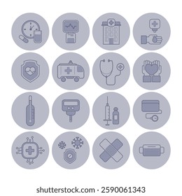 Diverse collection of medical and healthcare icons, showcasing various aspects of medicine, including tools, symbols, and facilities. Healthcare concept