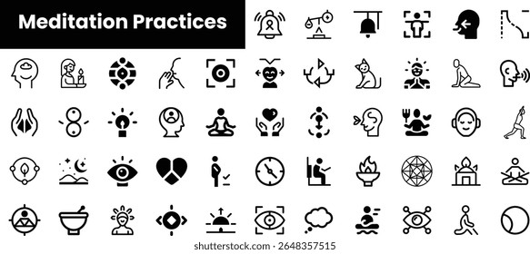A diverse collection of meditation practice icons depicting various techniques and approaches to mindfulness and relaxation.