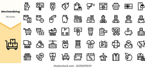 Uma coleção diversificada de ícones de merchandising, apresentando vários símbolos relacionados a compras, vendas e varejo, apresentados em um estilo limpo e minimalista.