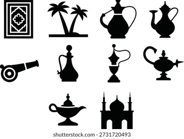 Diverse collection of middle eastern and arabic culture related objects and symbols