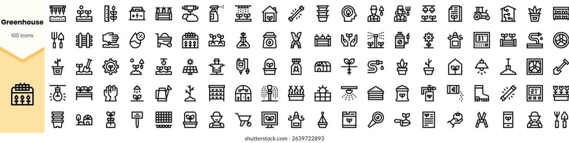 A diverse collection of minimalist black icons representing greenhouse activities, featuring plants, tools, and agricultural elements.
