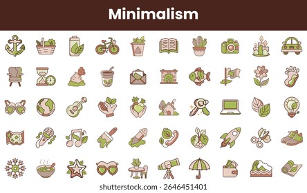 Uma coleção diversificada de ícones minimalistas apresentando a natureza, hobbies e objetos do dia a dia, apresentando uma mistura harmoniosa de tons verdes e de terra.